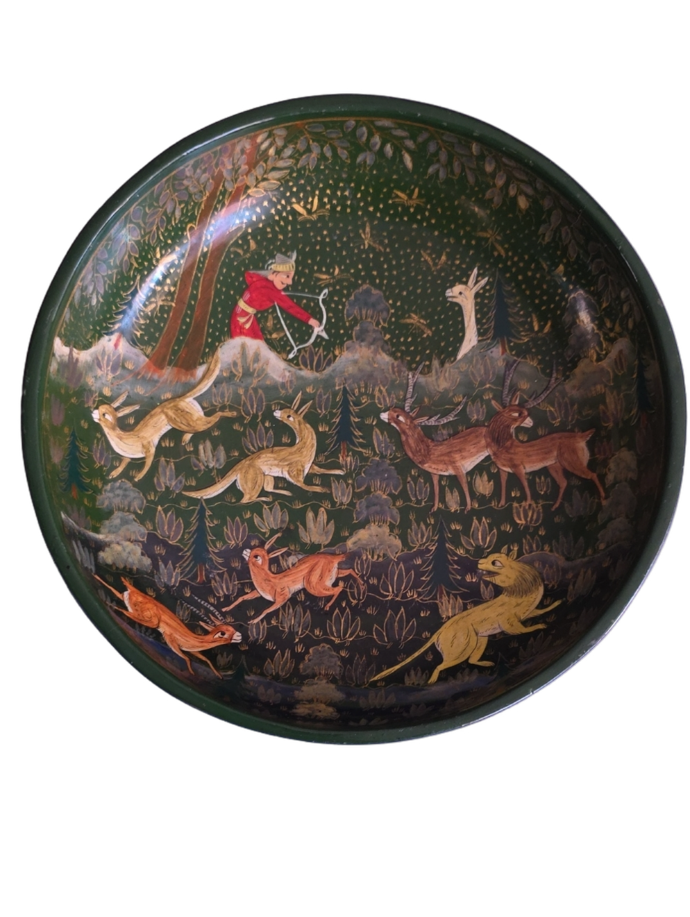 Vintage 6" Kashmiri Papier-Mache Decorative Hand-Painted Hunting Scene Bowl